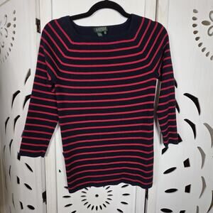 Lauren Ralph Lauren Women's Ribbed Striped 3/4 sleeve navy & Red sweater Size PS